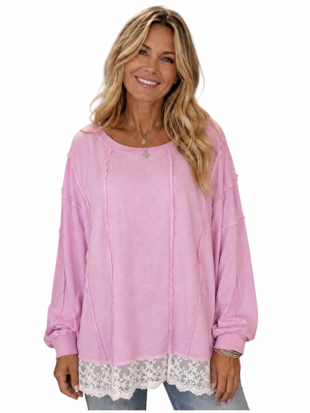 🦋BlueVelvet  XL Pink Raw-Seam Long Sleeve Pullover BV1004